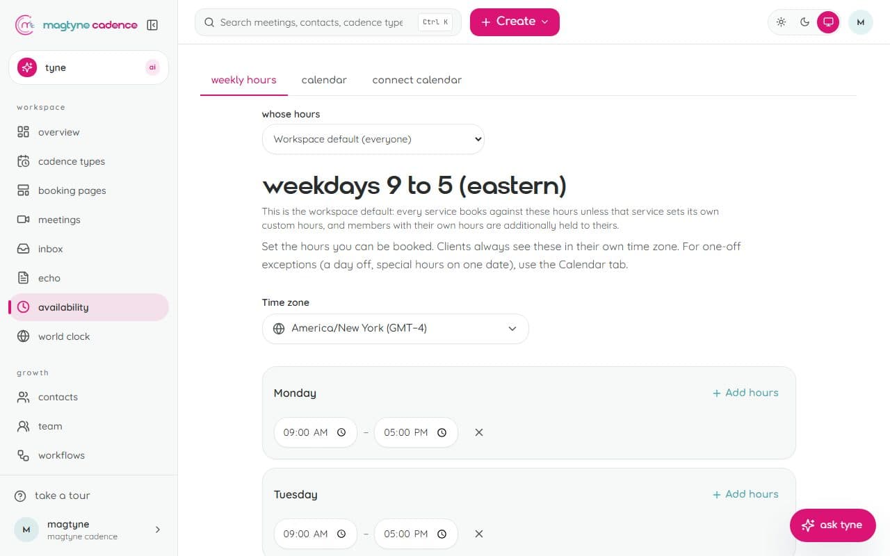 Availability: weekly hours, date overrides, and connected calendars