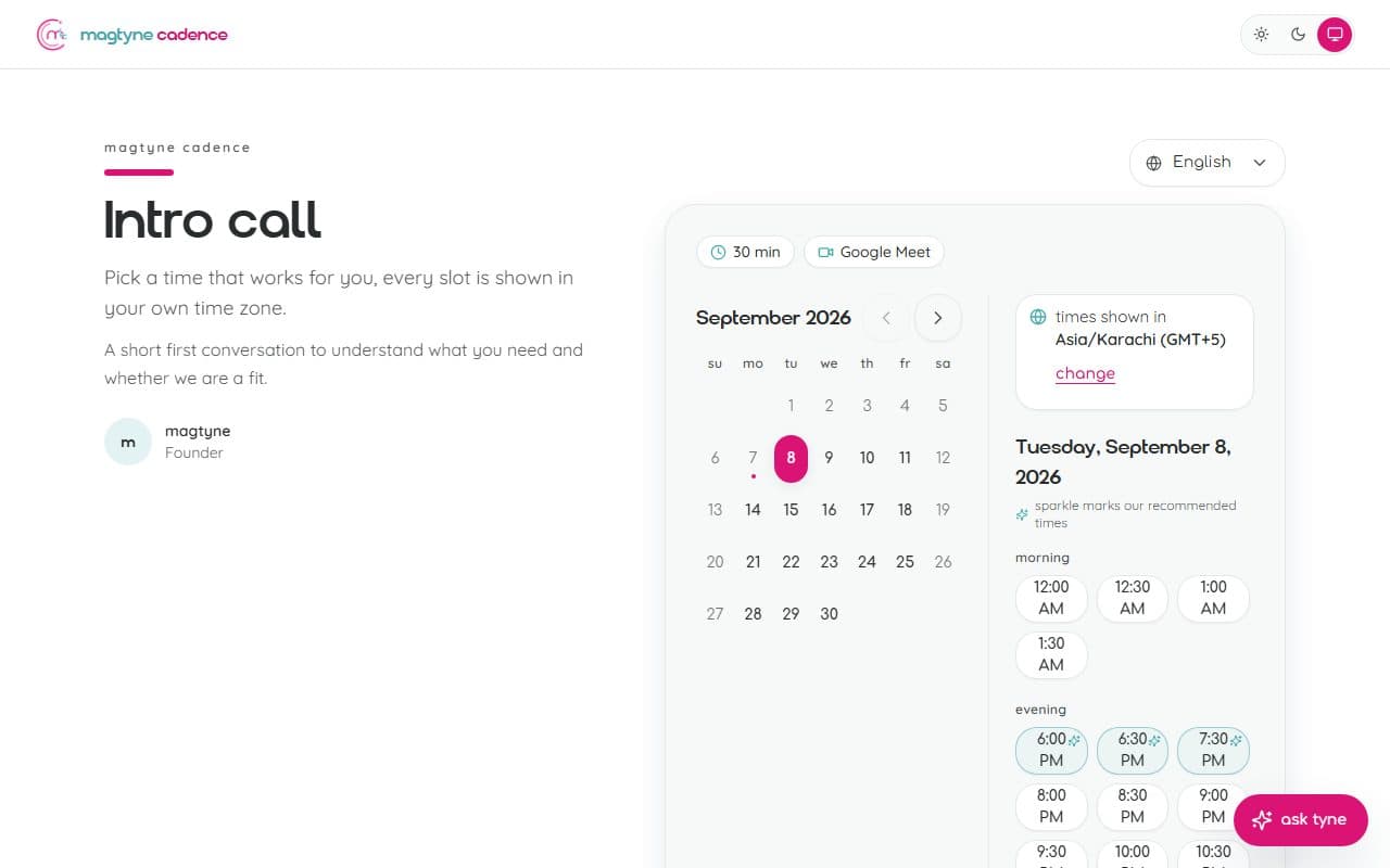 A client picking a day and time, shown in their own time zone