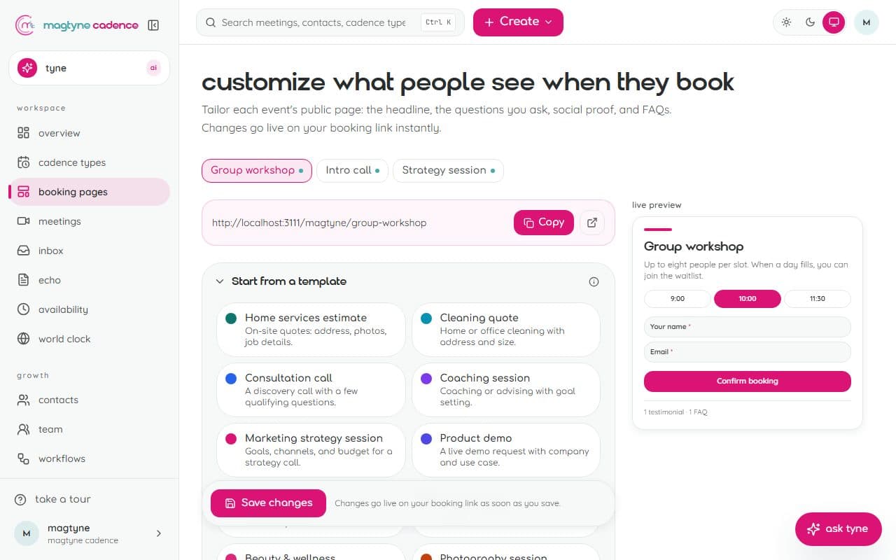 Booking pages: headline, cover, accent, questions, FAQ, and proof per service
