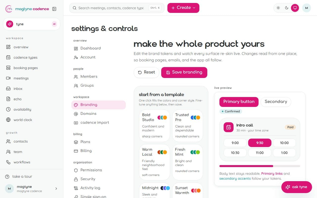 Branding: colors, logo, and accent, applied to pages, emails, and the app