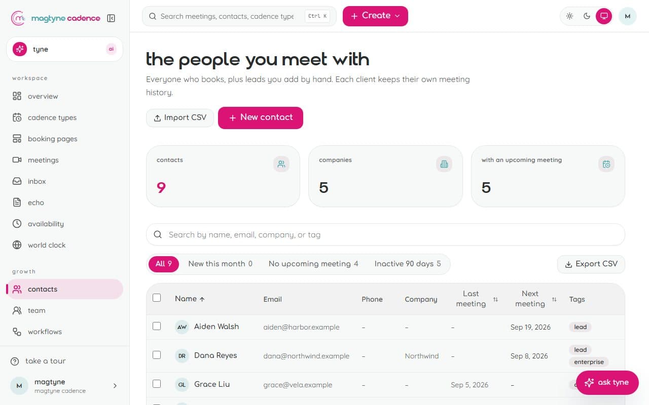 Contacts: clients with tags, notes, companies, and their scheduling activity