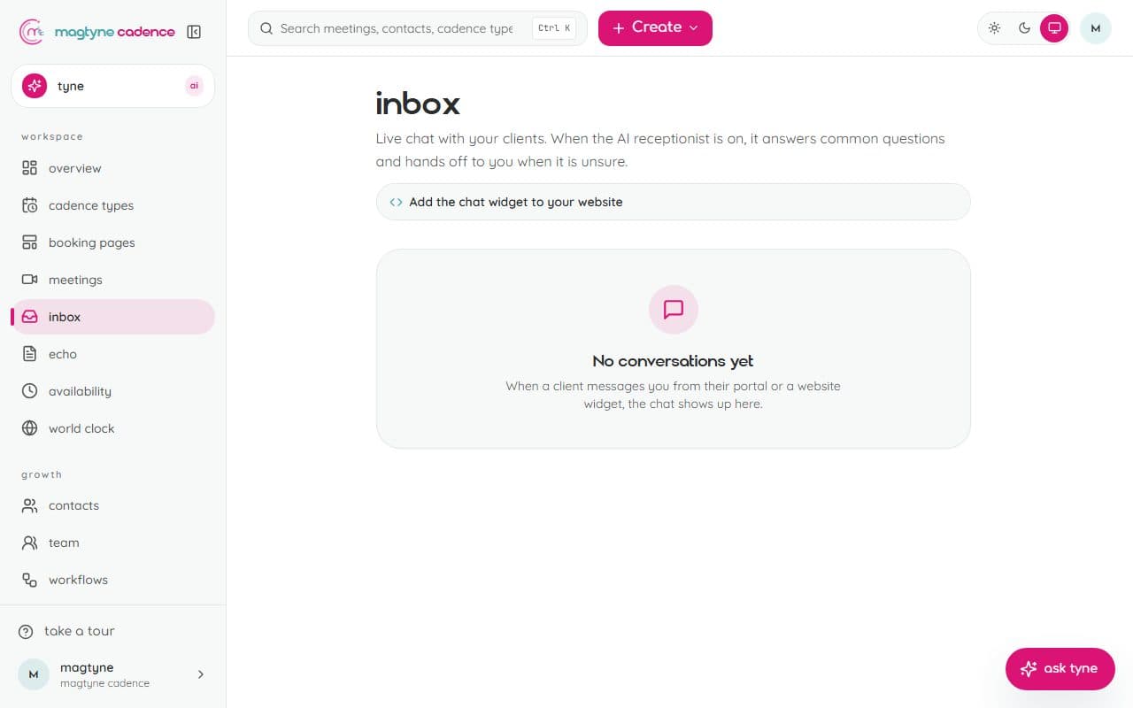 The inbox: chat, WhatsApp, and voice conversations with the receptionist, and the ones handed to you
