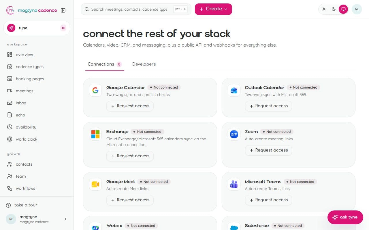 Integrations: calendars, video, payments, messaging, and developer access