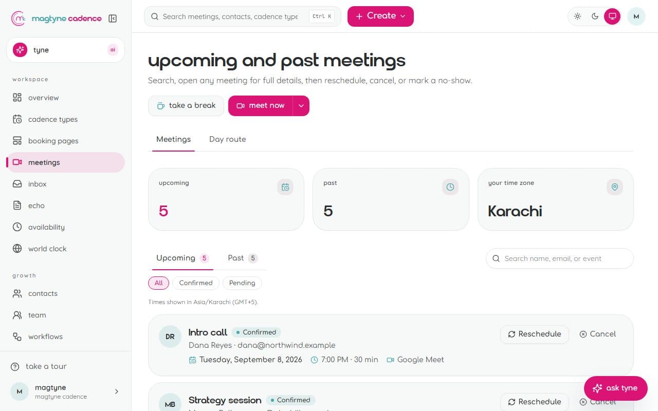 Meetings: upcoming and past, with join links, notes, and the echo