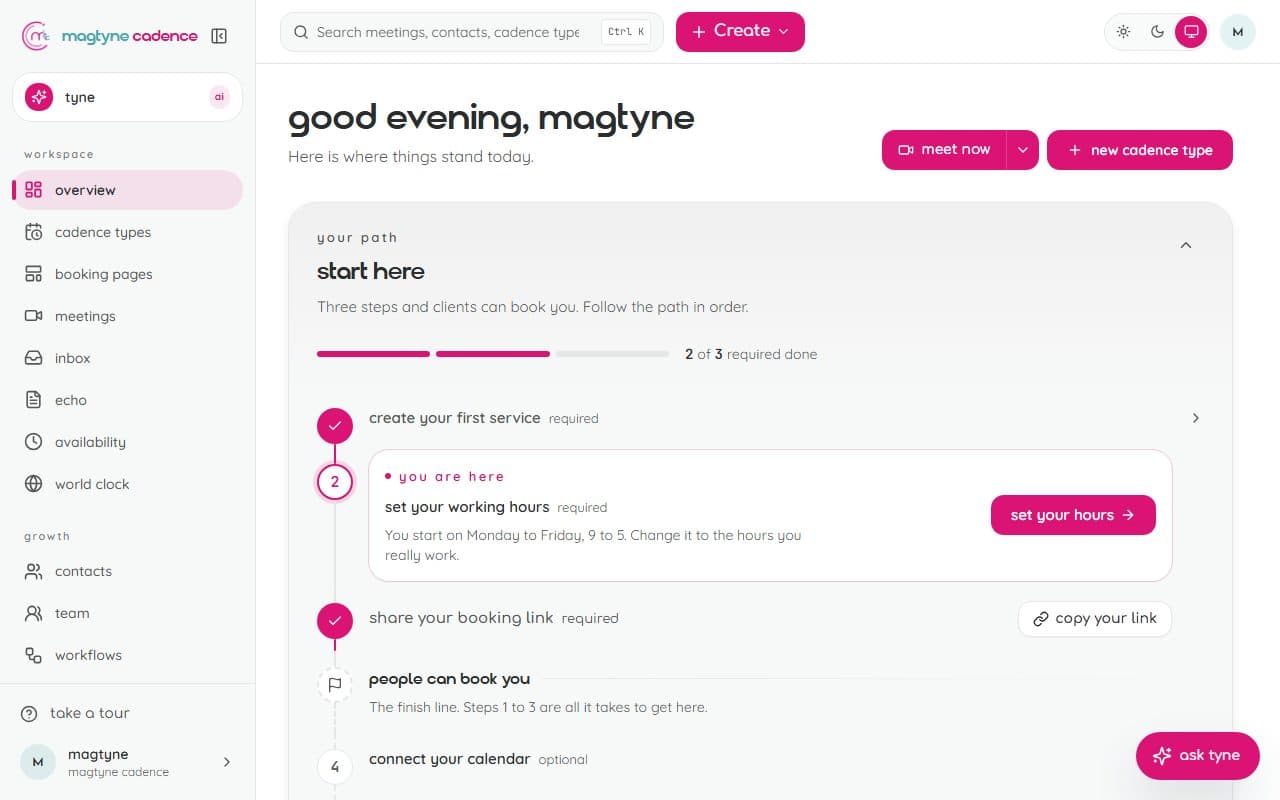 The overview: the path to your first booking, today's meetings, and what needs attention
