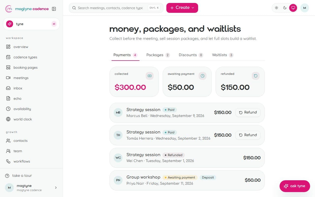 Payments: charges, deposits, refunds, packages, and coupons