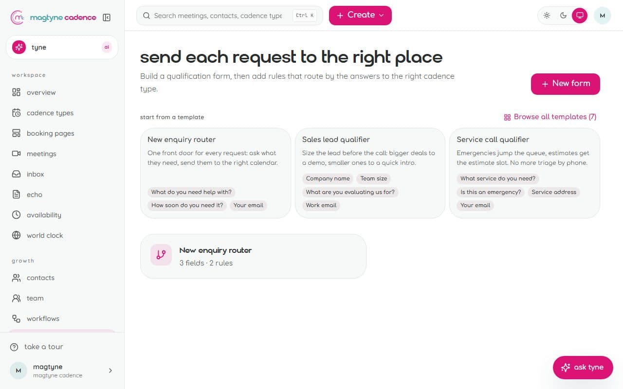 Routing: forms and rules that send a request to the right cadence type or teammate