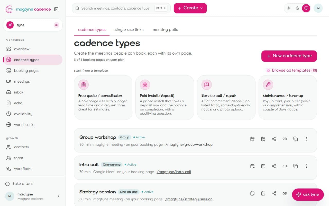 Cadence types: one-on-one, group, and collective services, each with its link and status
