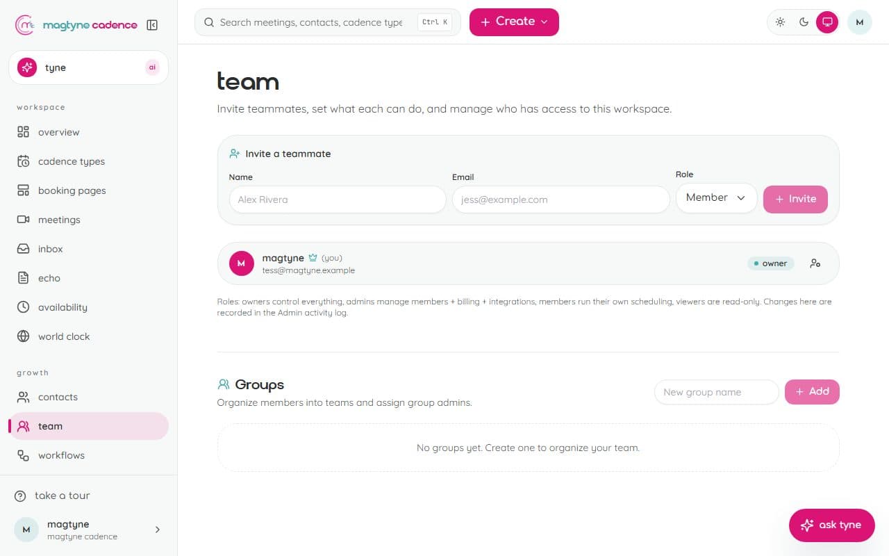 Team: members, roles, and groups