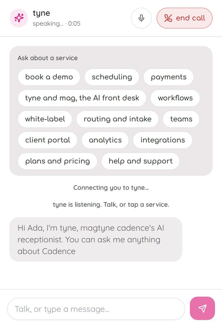 The website chat during a call: the receptionist speaking, the clock running, the transcript filling in