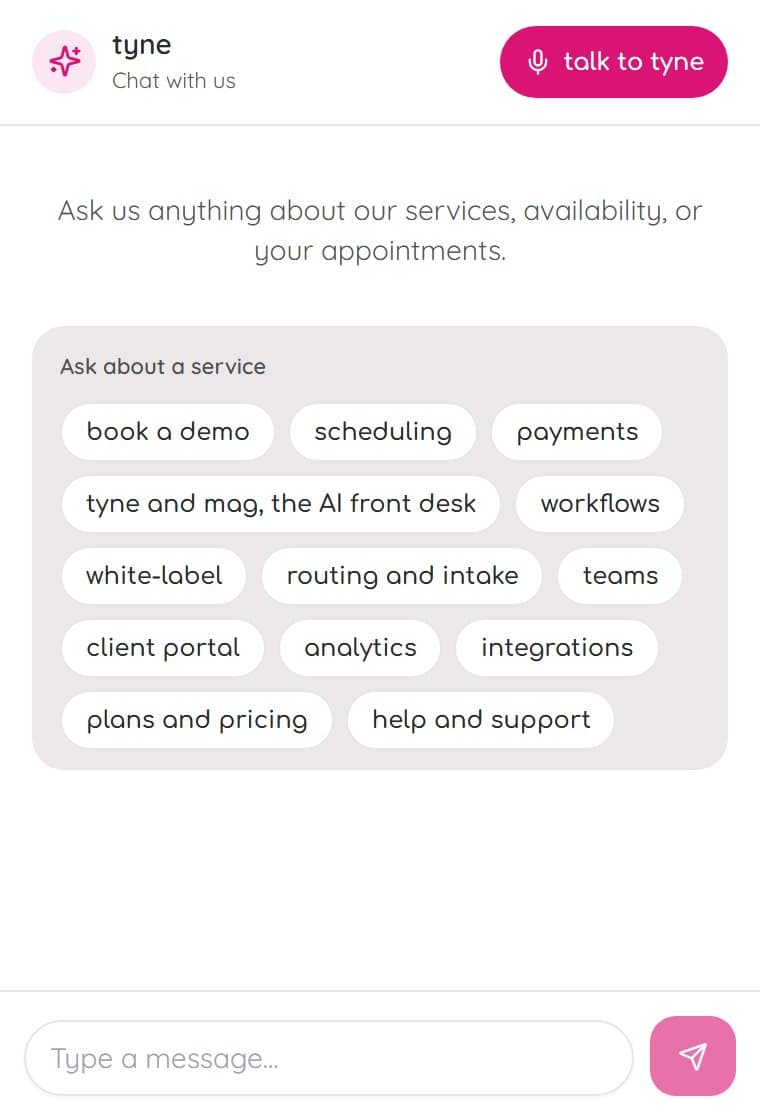 The website widget: chat with the receptionist, or tap the call button to talk