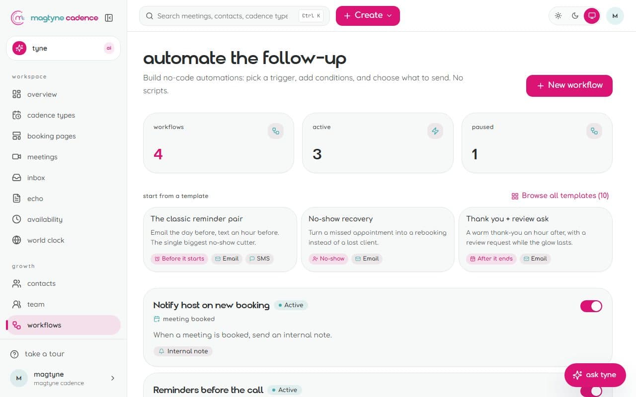 Workflows: a trigger, conditions, and actions by email, SMS, or WhatsApp